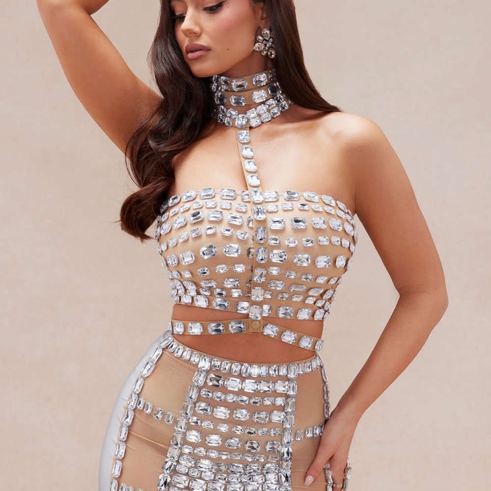 Crystal Embellished Nude Two-Piece Set